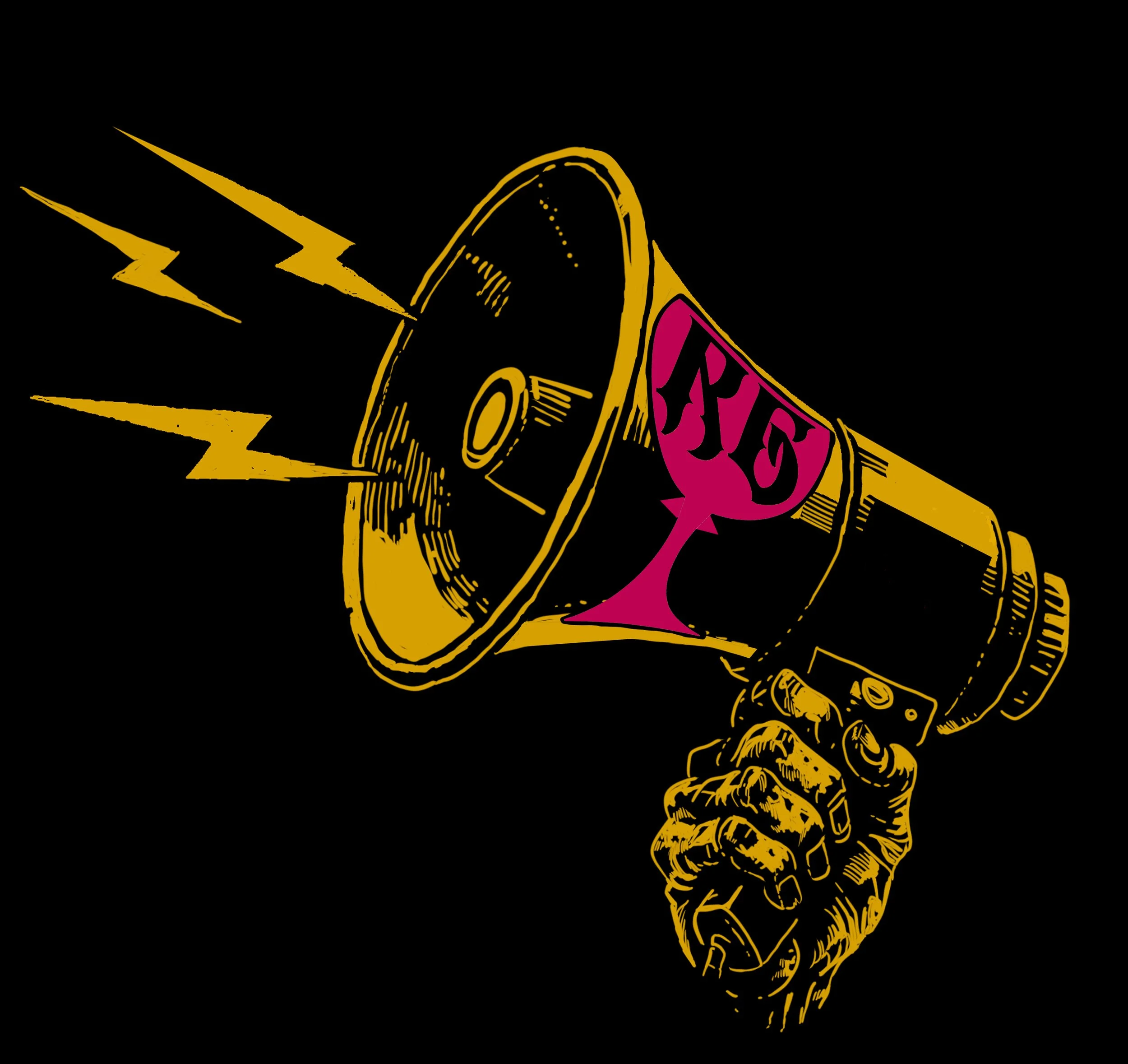 A stylized illustration of a microphone with a pink label that says RG on a black background, with yellow lightning bolts around it.