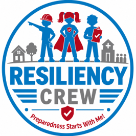 Logo of Resiliency Crew with a female leader and two team members in safety gear, fire helmet and clipboard, on a background with houses, trees, and a church, emphasizing preparedness.