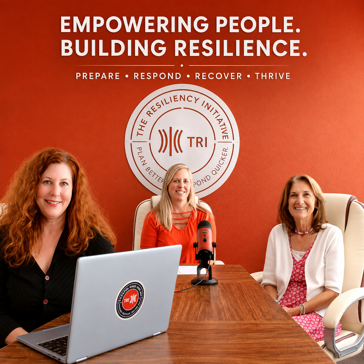 Three women sitting at a conference table in a room with a red wall, a circular logo, and a slogan about empowering people, resilience, and recovery. One woman is using a laptop, another has a microphone, and all are smiling.