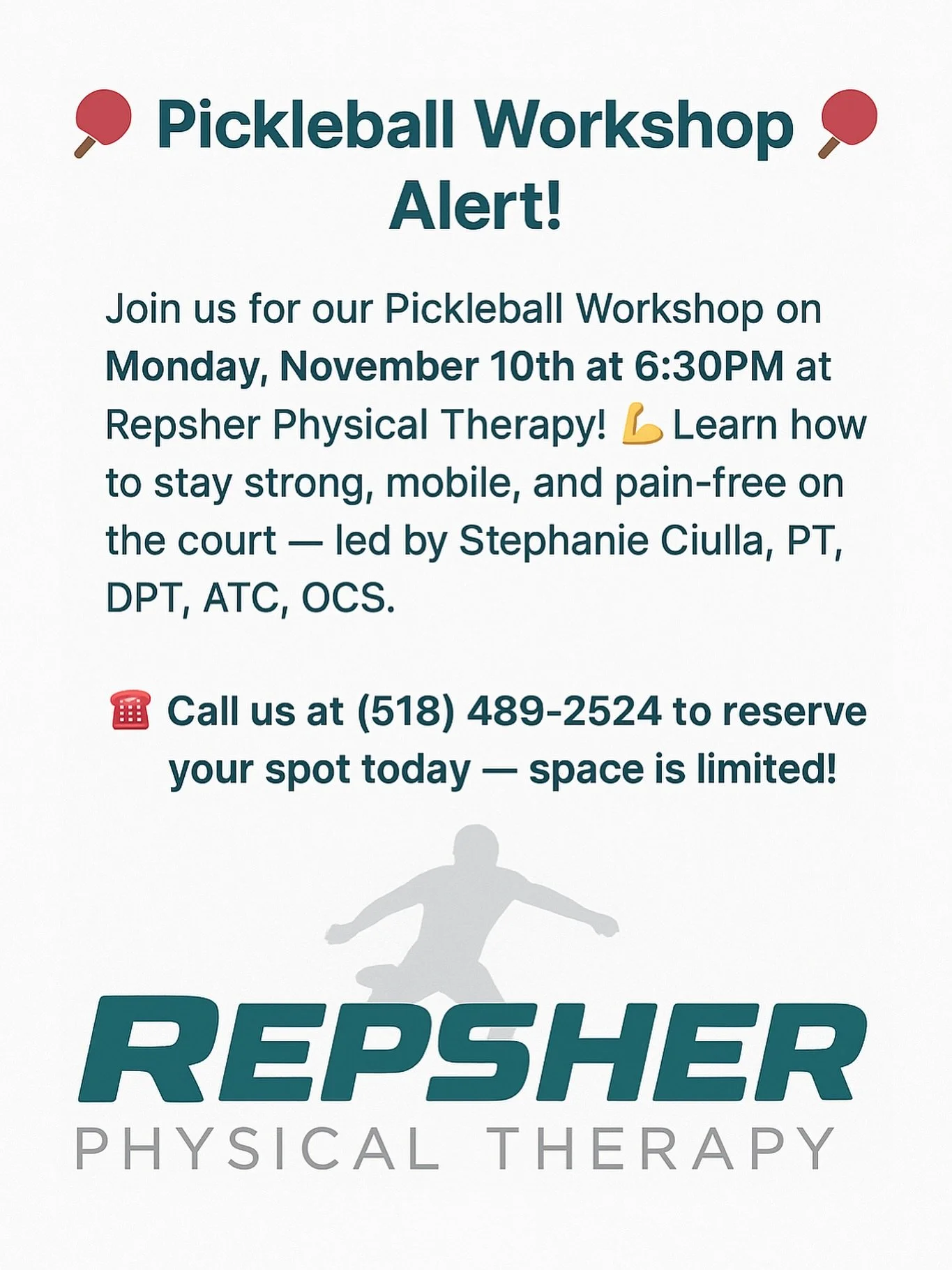 🏓 Ready to up your pickleball game? Join us for our Pickleball Workshop on Monday, November 10th at 6:30PM at Repsher Physical Therapy!

Led by Stephanie Ciulla, PT, DPT, ATC, OCS, this interactive session will help you stay strong, mobile, and pain