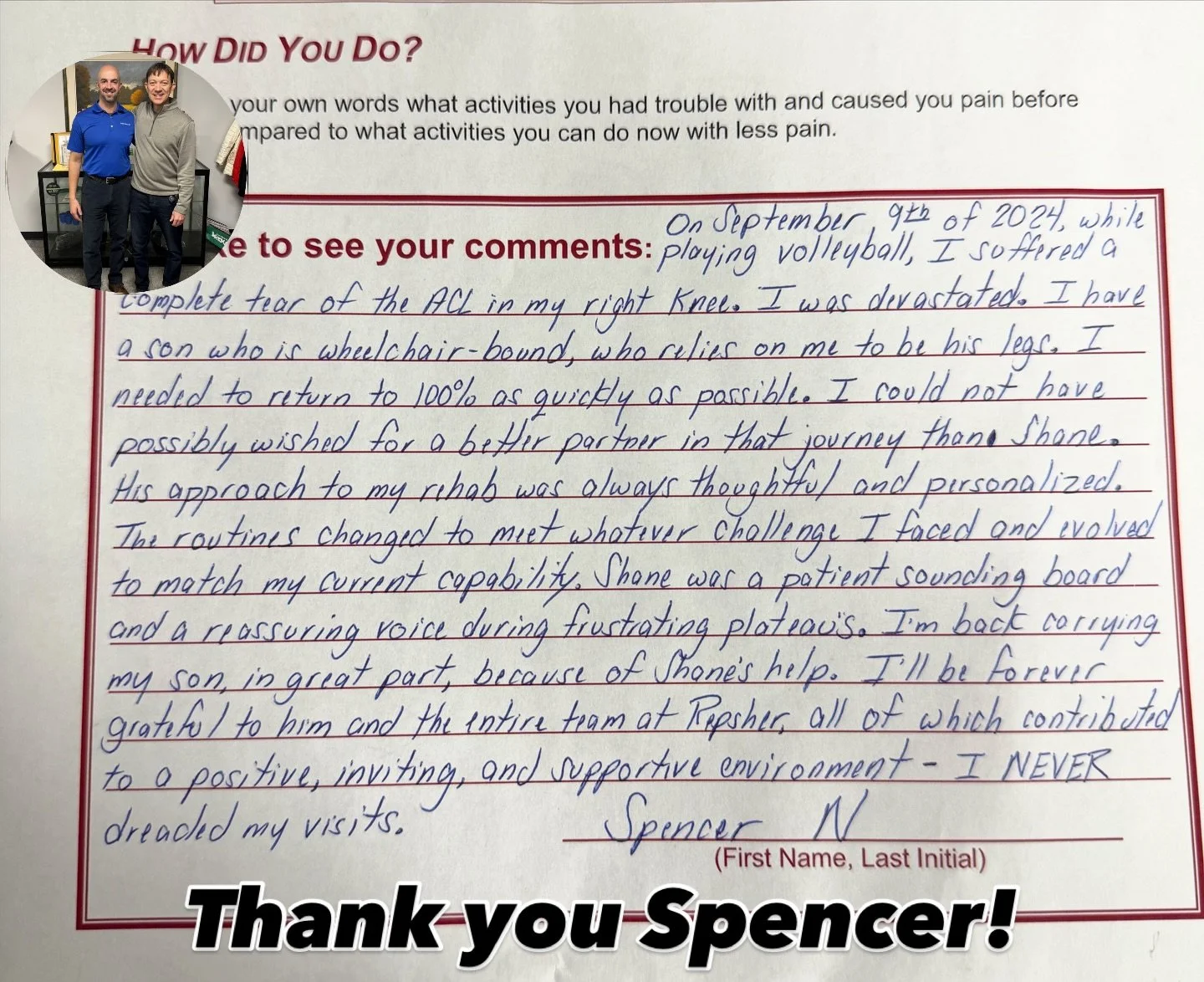On September 9th, while playing volleyball, Spencer suffered a complete ACL tear in his right knee. As a parent to a wheelchair-bound son who relies on him every day, getting back to 100% wasn&rsquo;t optional &mdash; it was essential.

Through thoug