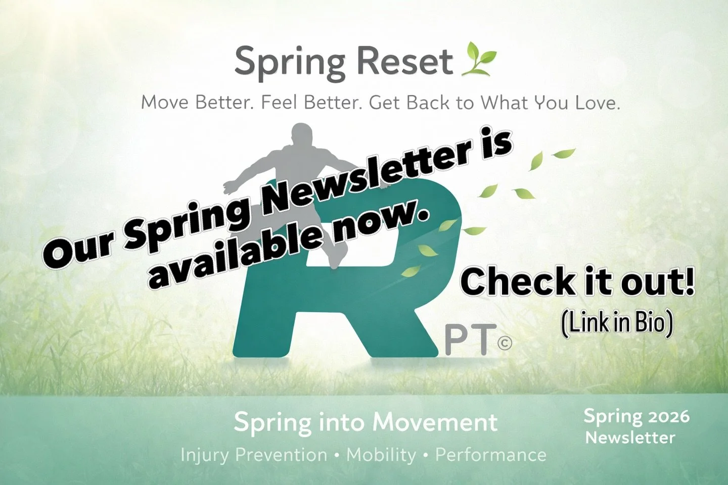 Our Spring Newsletter is LIVE 🌱

We&rsquo;ve put together tips, insights, and strategies to help you move better and stay injury-free this season.

From running and golf prep to mobility and yard work&mdash;everything you need to start spring strong