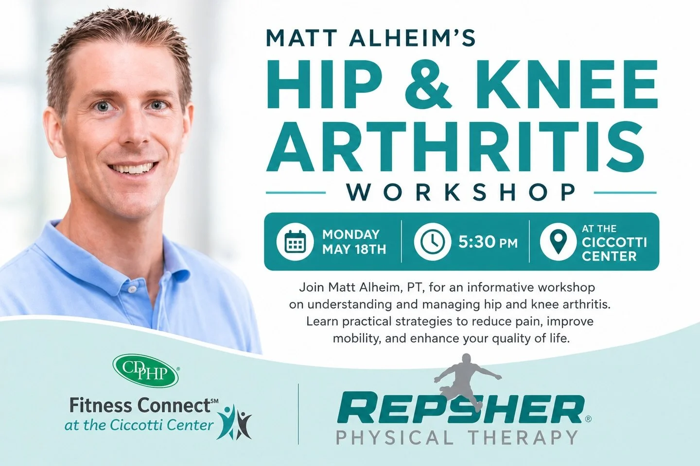 Dealing with hip or knee arthritis?

Most people either ignore it&mdash;or avoid activity altogether.
Neither works.

Join Matt Alheim, PT, for a workshop on how to actually manage it the right way.

📍 Ciccotti Center
📅 Monday, May 18th
⏰ 5:30 PM

