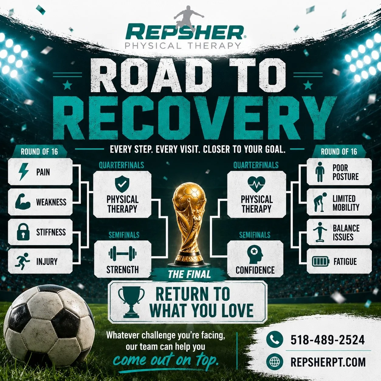 ⚽🏆 ROAD TO RECOVERY 🏆⚽

Just like the World Cup, recovery is a journey&mdash;not a single match.

Every exercise, every visit, and every step forward helps you advance through the bracket:

✅ Pain &rarr; Strength
✅ Injury &rarr; Confidence
✅ Limita