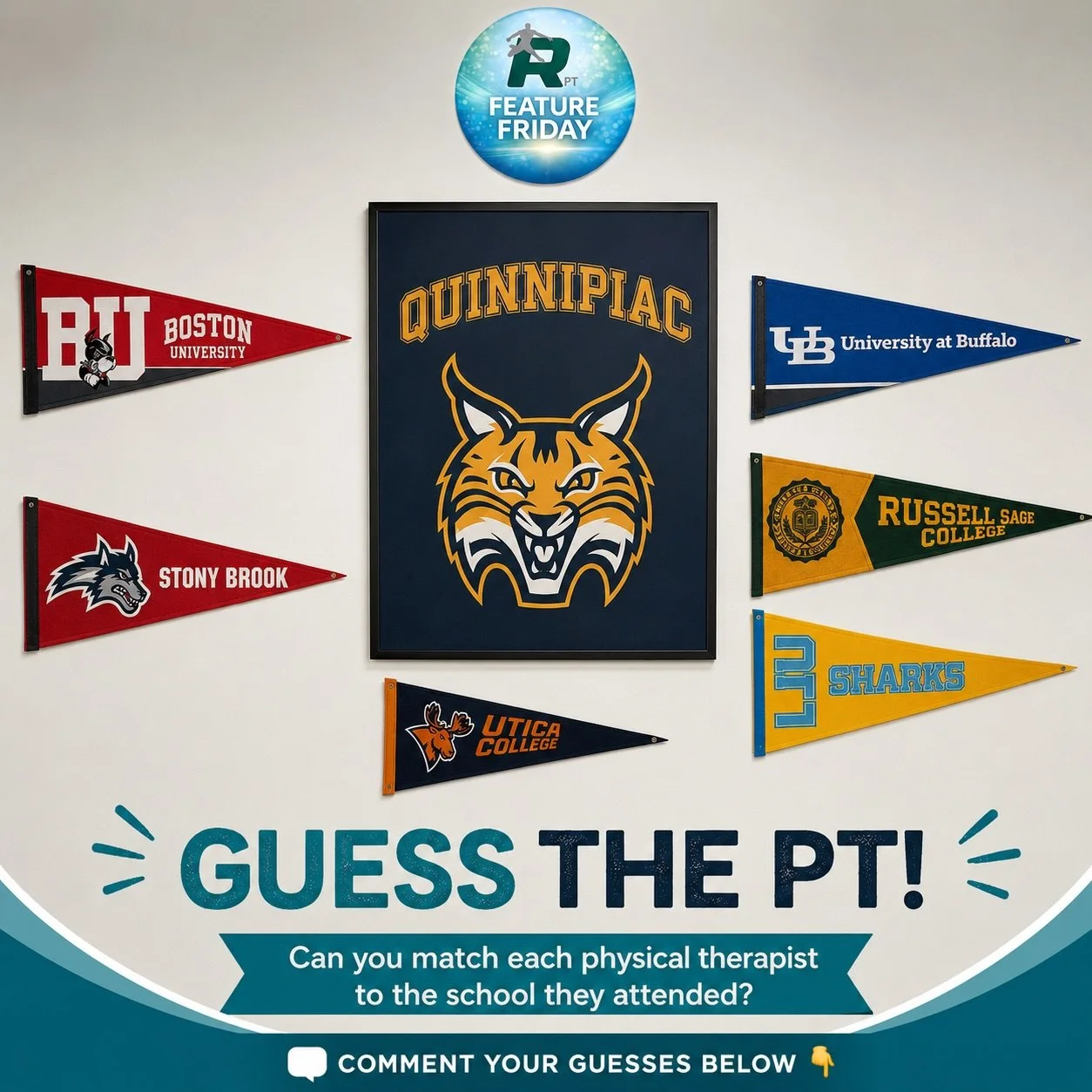 🎓 FEATURE FRIDAY: Guess the PT! 🎓

Think you know the Repsher team? 🤔

Our physical therapists attended universities all across New York and New England, and we&rsquo;ve proudly displayed those schools on our wall.

Can you match each PT to the sc