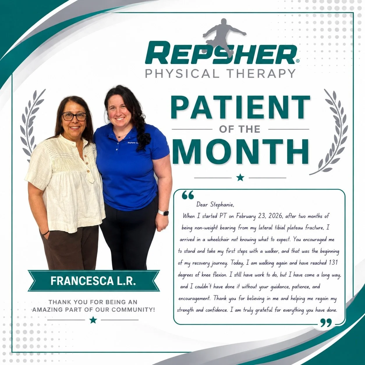 🏆 Patient of the Month &ndash; Francesca 🏆

After sustaining a tibial plateau fracture, Francesca faced a long road to recovery. On her very first day of physical therapy, she was tasked with walking on her leg for the first time in two months. Des