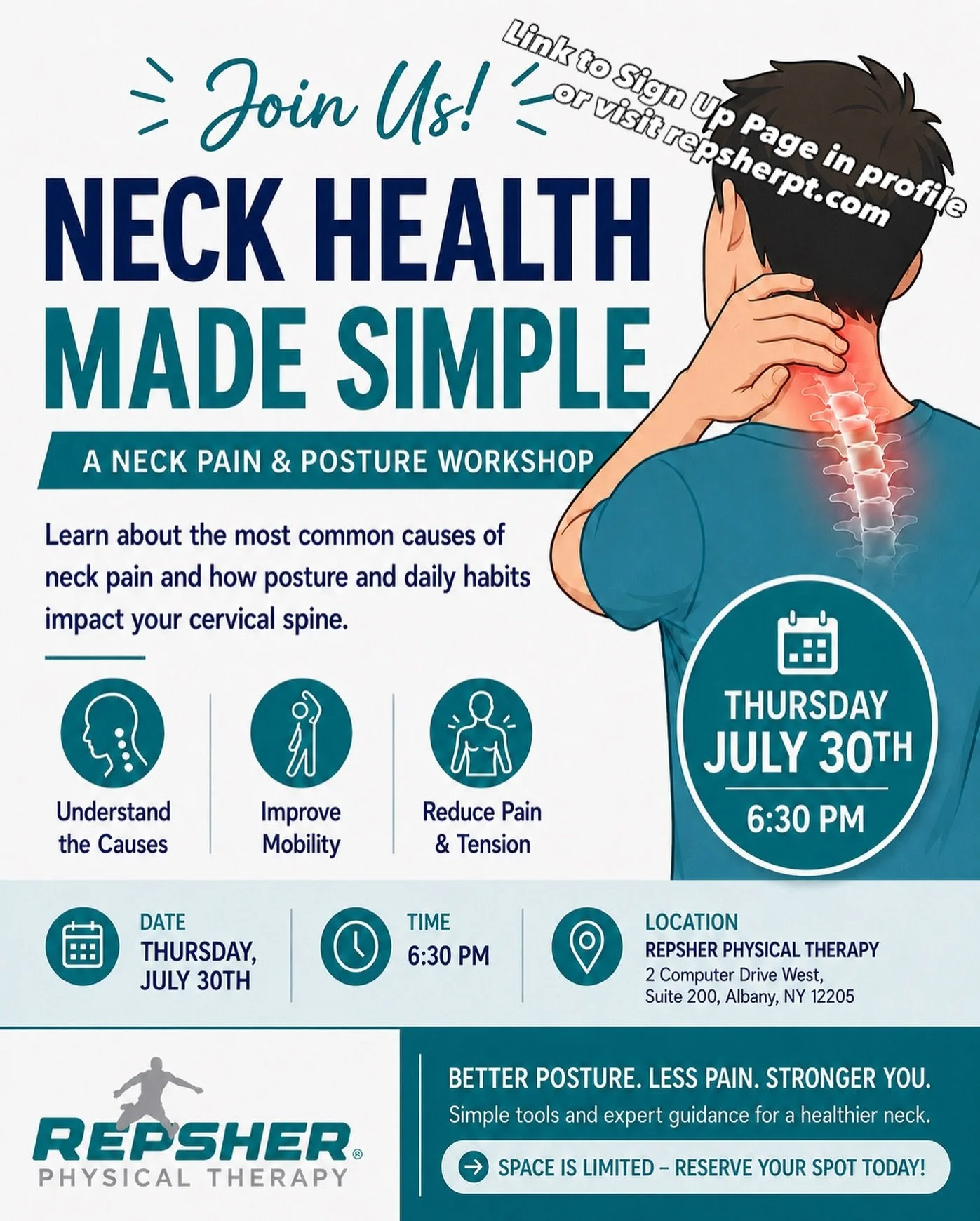 💻📱 Looking down at your phone all day? Spending hours at a computer? Waking up with a stiff neck?

You&rsquo;re not alone.

Join us for our FREE Neck Health Made Simple: A Neck Pain &amp; Posture Workshop and learn practical, evidence-based strateg