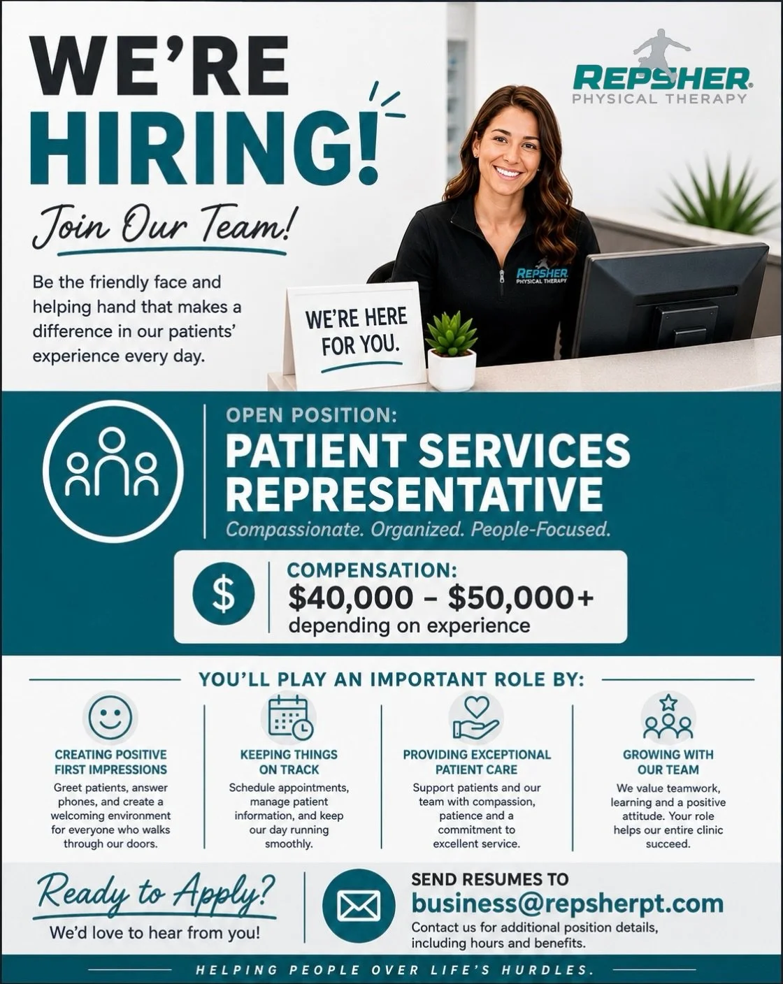 📣 We&rsquo;re Hiring!

Repsher Physical Therapy is looking for a Patient Services Representative to join our team!

We&rsquo;re looking for someone who is friendly, organized, dependable, and enjoys working with people. This position plays an import