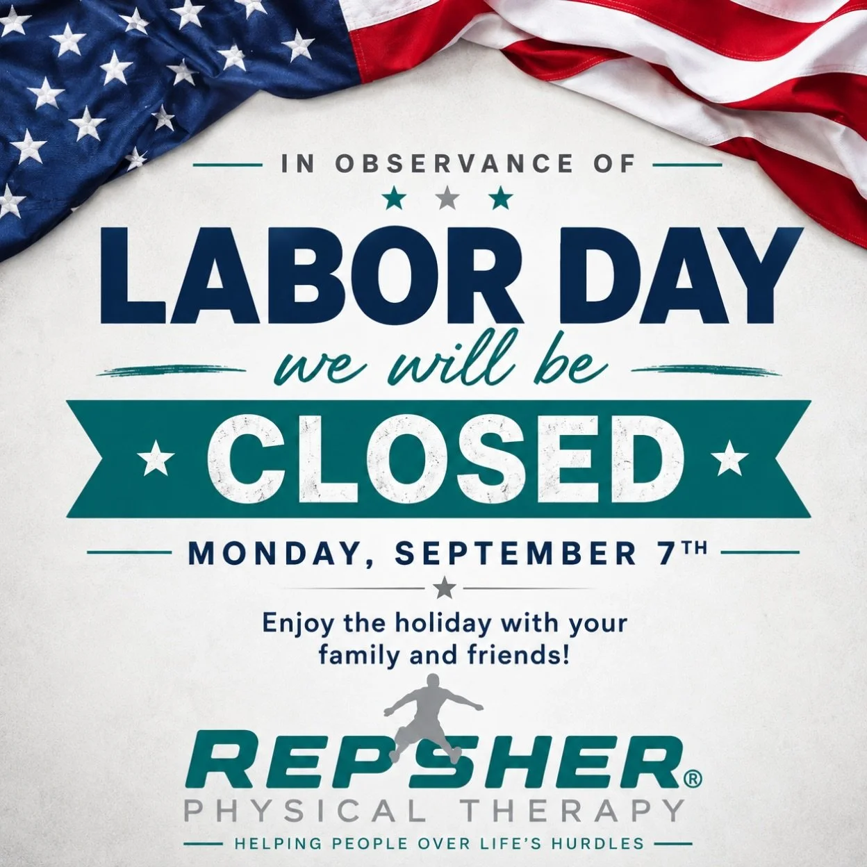 In observance of Labor Day, Repsher Physical Therapy will be closed Monday, September 7th. 🇺🇸

We hope everyone enjoys a safe and relaxing holiday with family and friends! We&rsquo;ll be back to our regular schedule on Tuesday.

#LaborDay #RepsherP