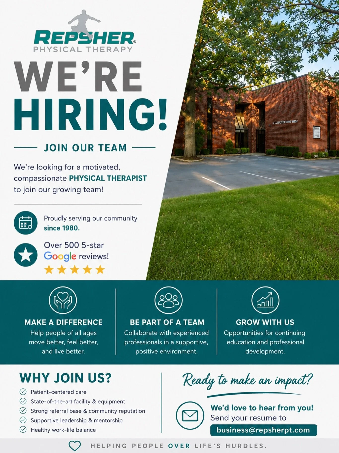 📣 WE&rsquo;RE HIRING!

Repsher Physical Therapy is looking for a Physical Therapist to join our team in Albany, NY!

We&rsquo;re an independently owned outpatient practice that has been serving the Capital Region for more than 45 years. Our team tre