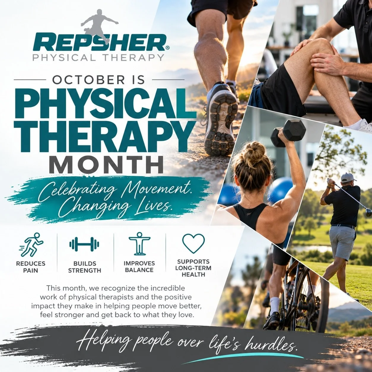 October is Physical Therapy Month! 💪

This month, we&rsquo;re celebrating the role physical therapy plays in helping people move better, get stronger, reduce pain, improve balance, and get back to the activities they love.

At Repsher Physical Thera
