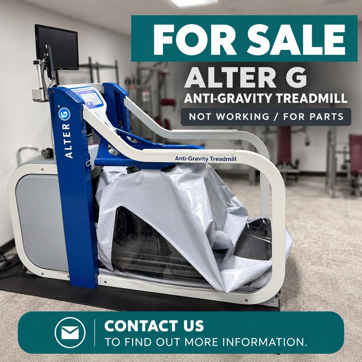 FOR SALE: AlterG Anti-Gravity Treadmill

We&rsquo;re selling our AlterG treadmill as-is for parts or repair. The unit is currently not fully operational (it turns on!), but may be a good option for a facility or individual looking for replacement par