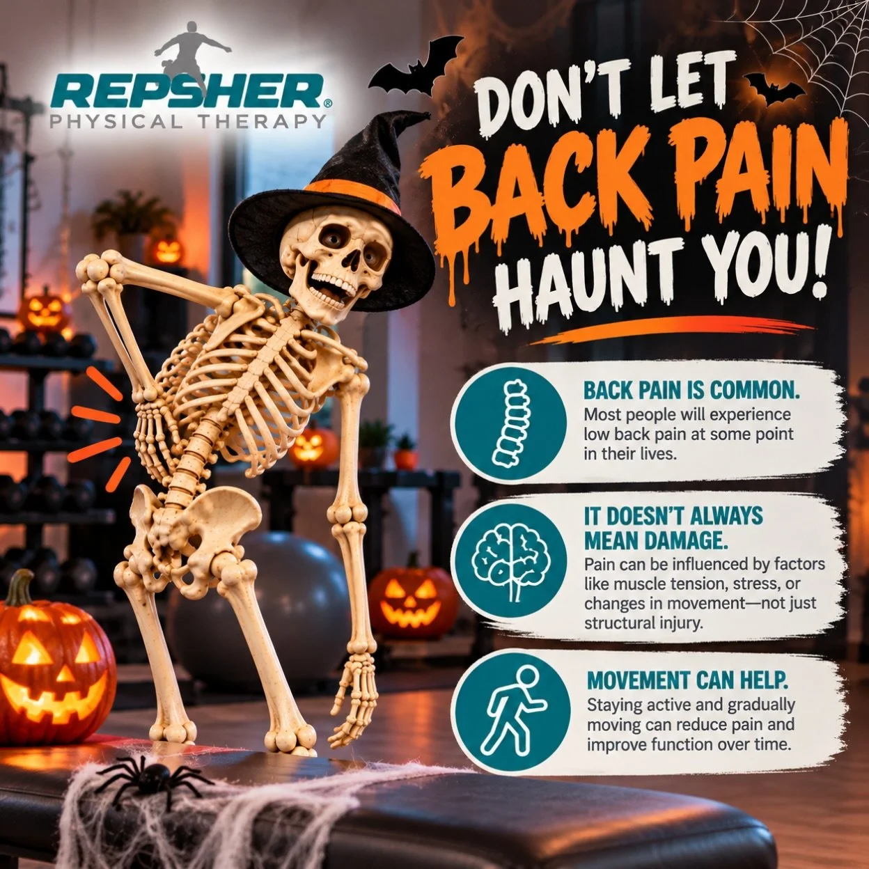 💀🎃 Don&rsquo;t Let Back Pain Haunt You! 👻

Back pain can be a real pain in the BOO-t! But before you get spooked, here are a few things worth knowing:

🦴 Back pain is incredibly common. Most people will experience it at some point in their lives.