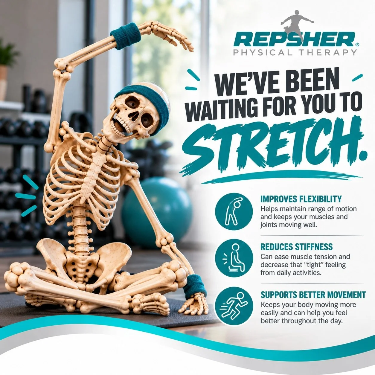 💀 We&rsquo;ve Been Waiting for You to Stretch! 🎃

Don&rsquo;t wait until you&rsquo;re all bones to start moving! 🦴

Stretching isn&rsquo;t just about touching your toes. It can offer some real benefits:

🤸 Improve Flexibility: Regular stretching 