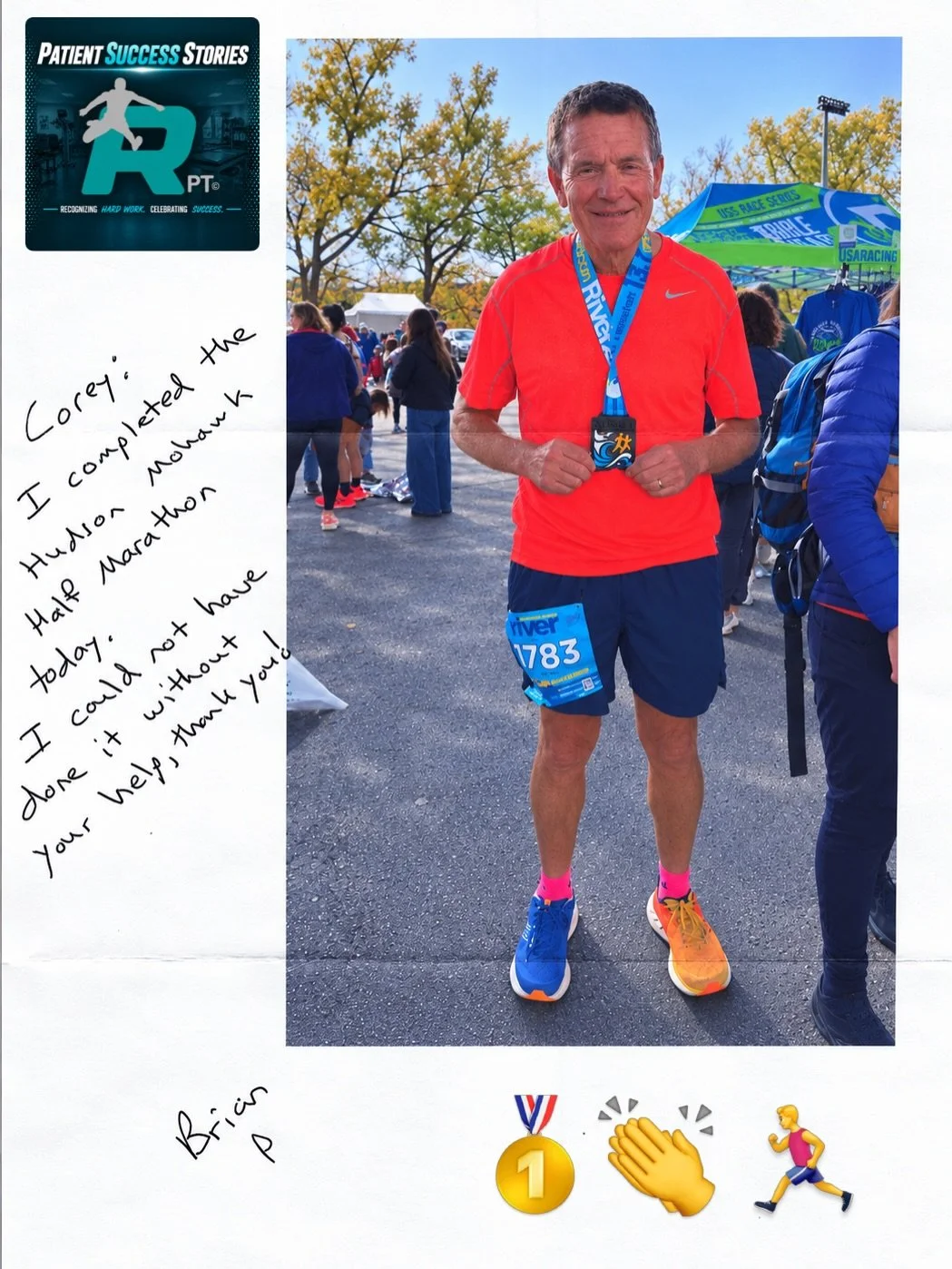 This is what it&rsquo;s all about! 🏅🏃&zwj;♂️

Congratulations to Brian on completing the Mohawk Hudson Half Marathon!

We recently received this wonderful photo and handwritten note from Brian, thanking Corey for helping him get back to running and