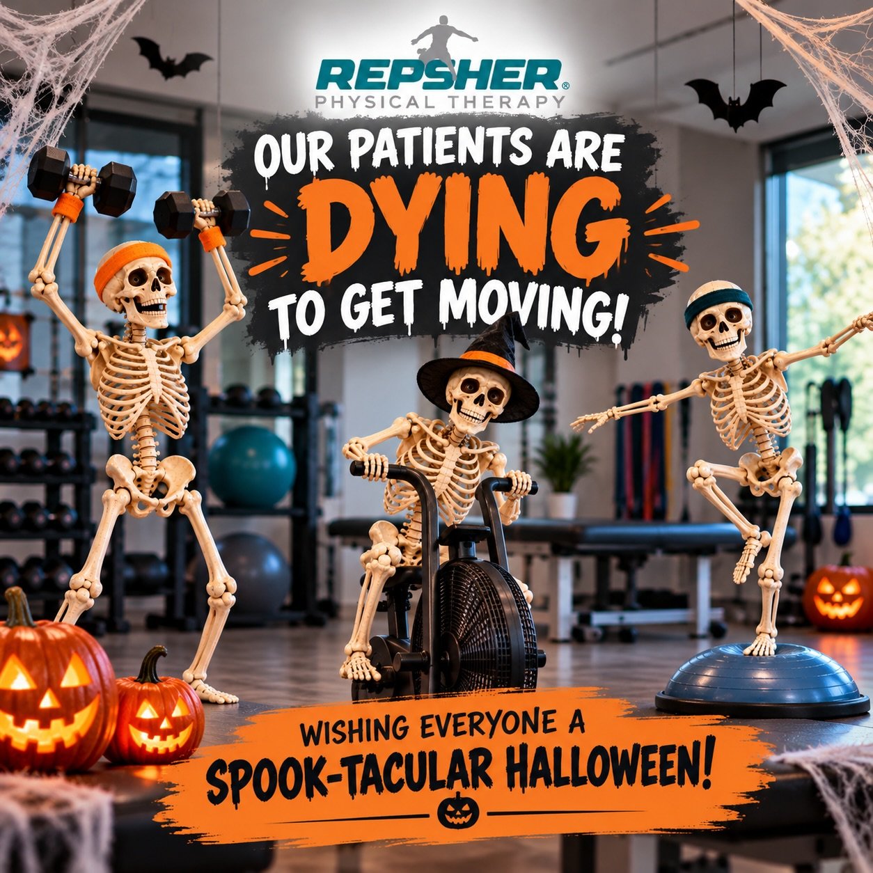 💀🎃 Our Patients Are DYING to Get Moving! 👻

Looks like the skeleton crew at Repsher has been putting in some serious work! 🦴💪

Whether you&rsquo;re lifting weights, working on your balance, or getting in some cardio, there&rsquo;s no reason to l