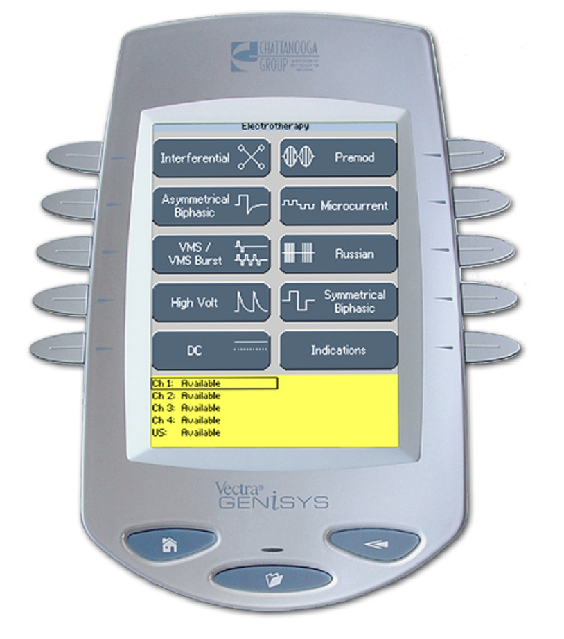 A medical device display screen showing various electrical stimulation settings and options, with a list of available channels in yellow.