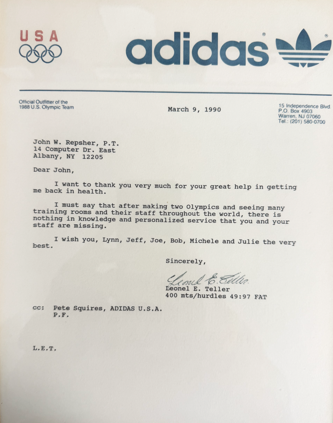 Letter on Adidas stationery with US Olympic logo, dated March 9, 1990, expressing gratitude for help with Olympic training staff.