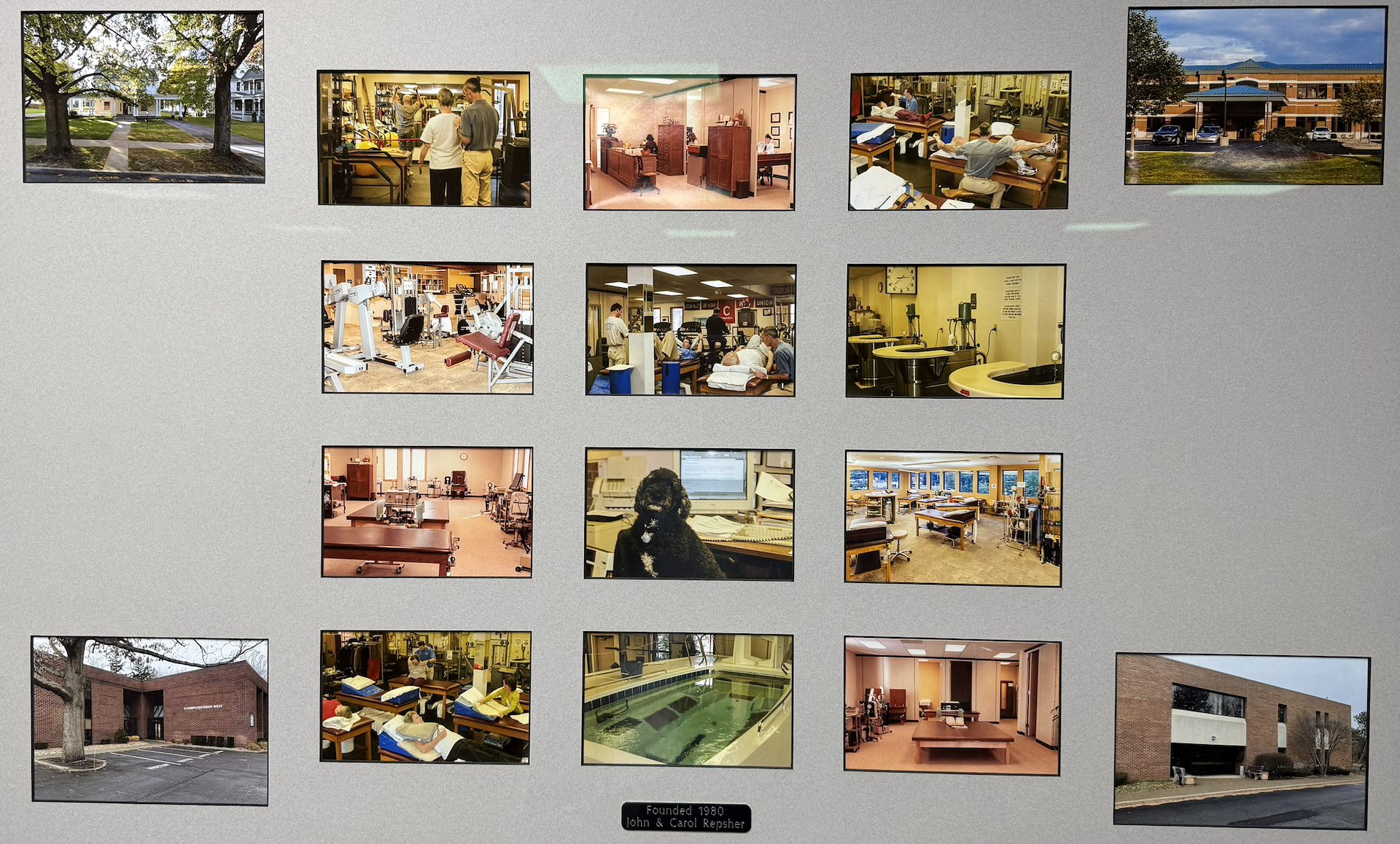 A collage of multiple photos showing different areas of a rehabilitation center, including outdoor grounds, therapy rooms, gym, patient rooms, reception, and a pool, with a black plaque at the bottom that reads 'Founded 1980 John & Carol Repsher.'
