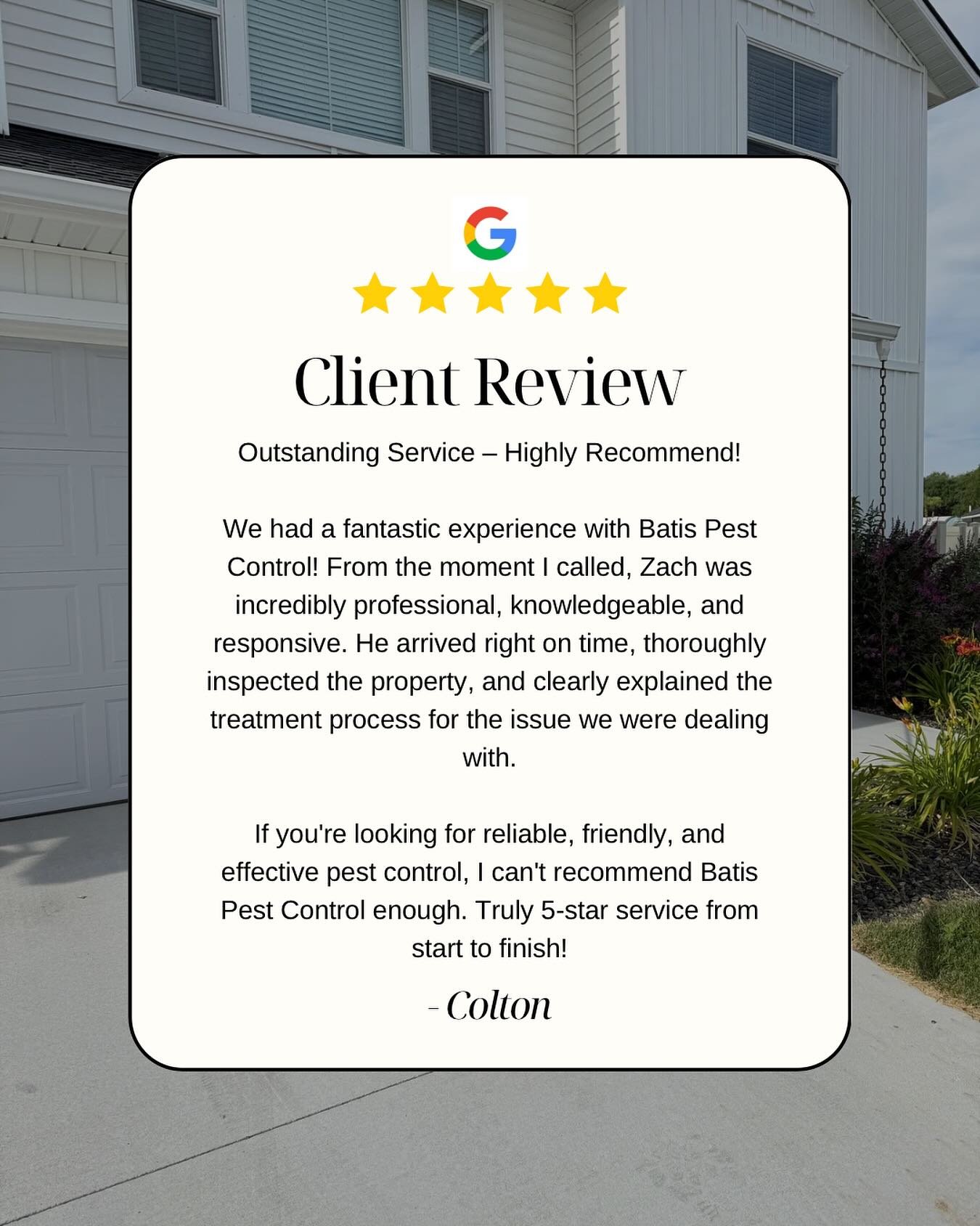 We’re so grateful for kind words like this from our customers!
Colton had a great experience with Batis Pest Control, and we’re proud to provide professional, reliable service every step of the way.
Thanks for trusting us to take care o