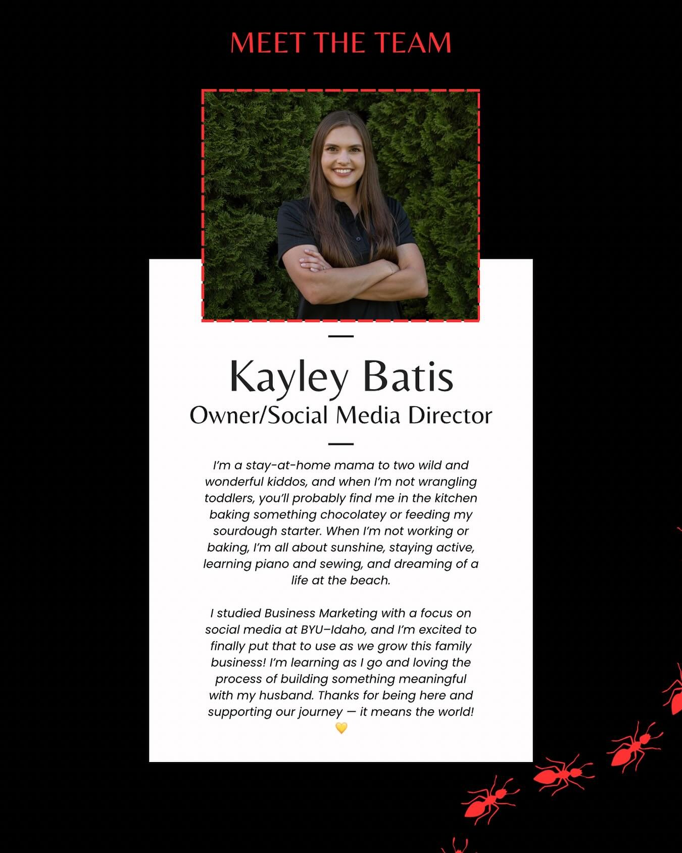 👋 Meet the face behind the posts!
I’m Kayley — mama to two wild toddlers, chocolate-loving baker, and your go-to gal for all things social media here at Batis Pest Control 🐜✨
#MeetTheTeam #SmallBusinessLife #FamilyBusiness #PestControl