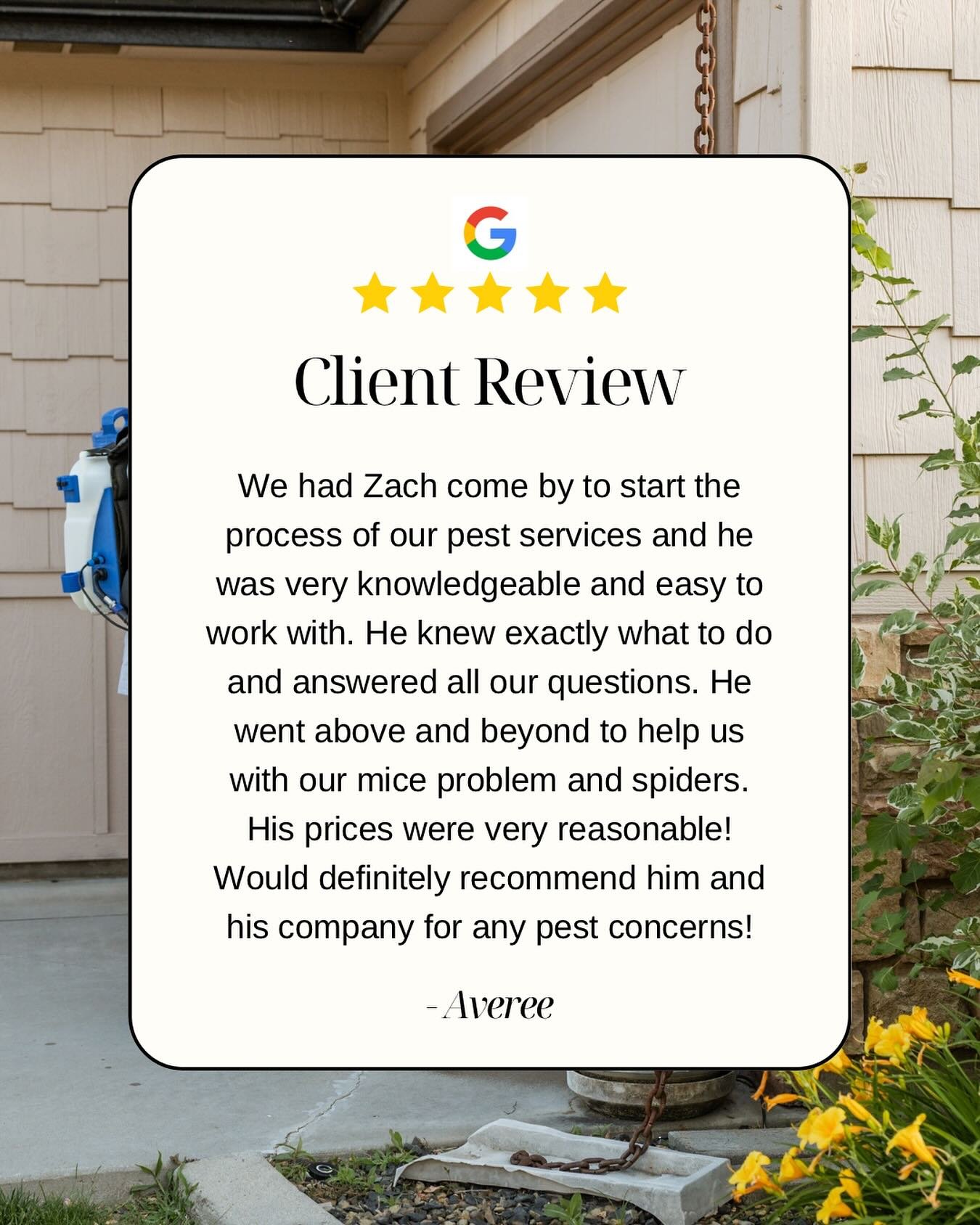 ⭐️⭐️⭐️⭐️⭐️
We love hearing feedback like this! Thank you, Averee, for trusting Zach and Batis Pest Control to take care of your home. From mice to spiders, we’re here to help with it all!
Got pest problems? Let’s take care of it!
Message