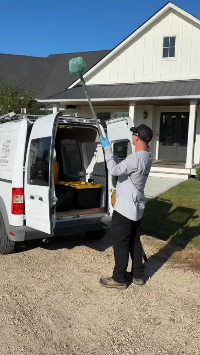 One of the first things we do when we show up to a home is what we call a web pole service. It is always a favorite.
We use a 30 foot pole to wipe down all the eaves of the house, clearing out spiderwebs and wasp nests. We also treat the brush with