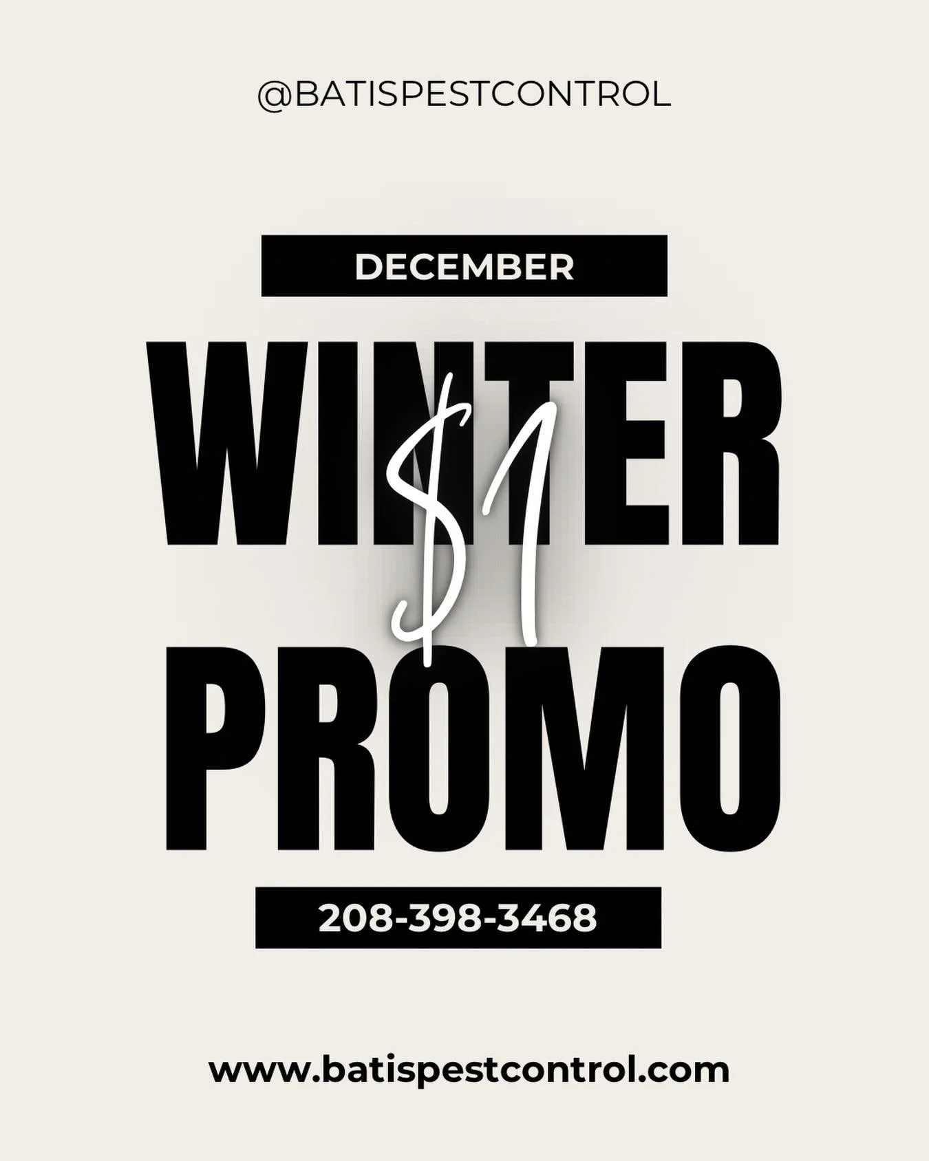 ⏰ Last chance! Our December deal ends tomorrow!🎄
Get started for only $1 and head into the new year with peace of mind.

Don&rsquo;t miss out&mdash;lock in this deal before it&rsquo;s gone!
Call us today to get started! 208-398-3468

#BatisPestContr