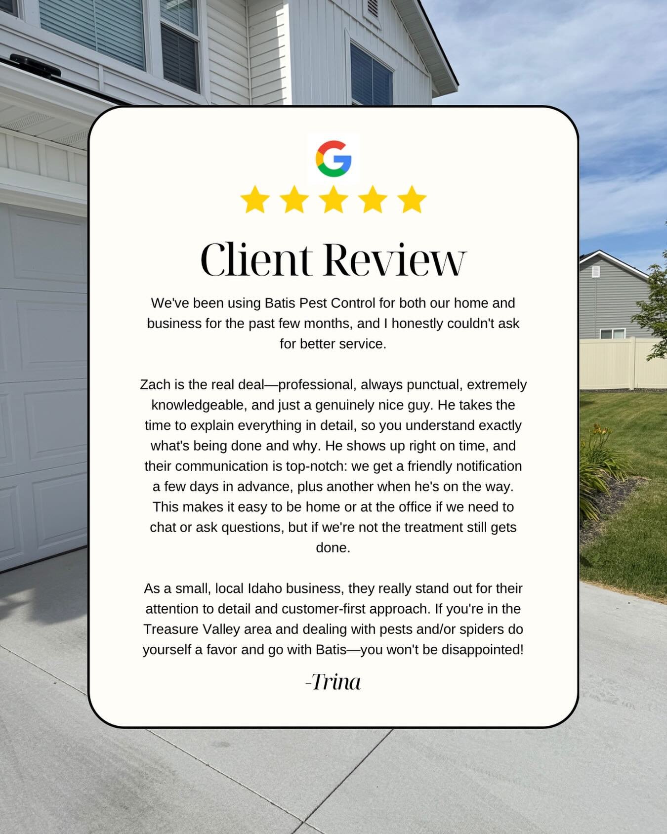 Reviews like this seriously make our day! ❤️ 

#batispestcontrol #idahopestcontrol #idahobusiness #smallbusiness #reviews