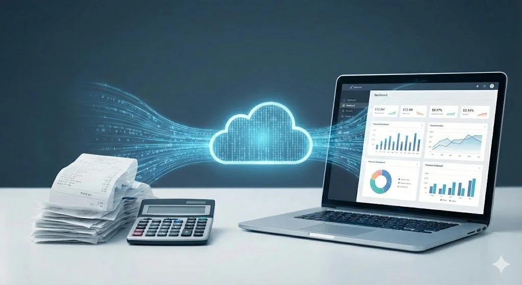 A laptop displaying financial charts and graphs, a calculator, and a stack of receipts on a desk, with a digital cloud representing cloud computing transfer.