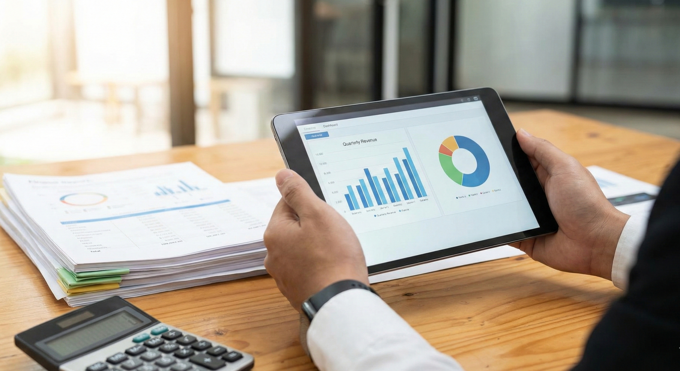 Person holding a tablet displaying charts and graphs, sitting at a wooden desk with stacked papers, a calculator, and a smartphone.