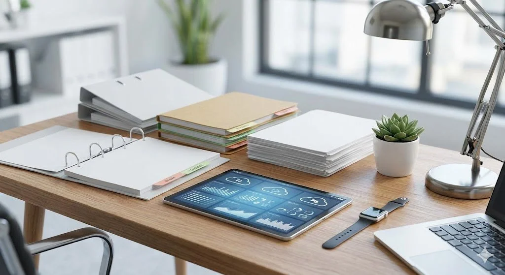 Organized office desk with files, a tablet displaying cloud data, a smartwatch, a laptop, a desk lamp, and a small potted plant near a large window.
