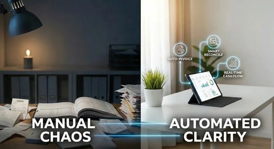 Comparison image showing a disorganized desk with papers and open books labeled 'Manual Chaos' on the left, and a clean desk with a tablet, plant, and icons labeled 'Automated Clarity' on the right.