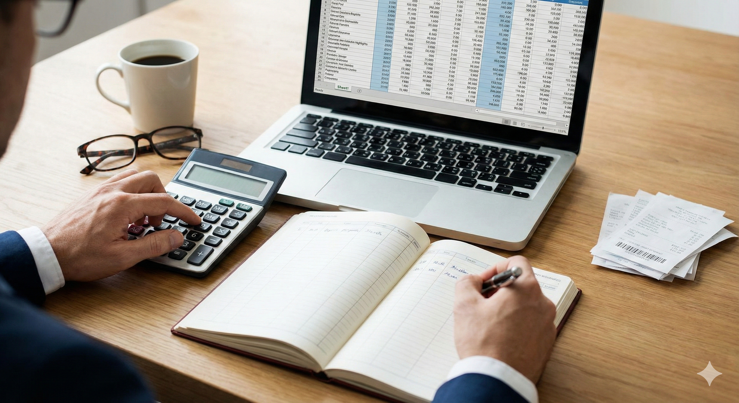 A person working at a desk with a laptop, calculator, notebook, glasses, a cup of coffee, and receipts. The laptop screen displays a spreadsheet.