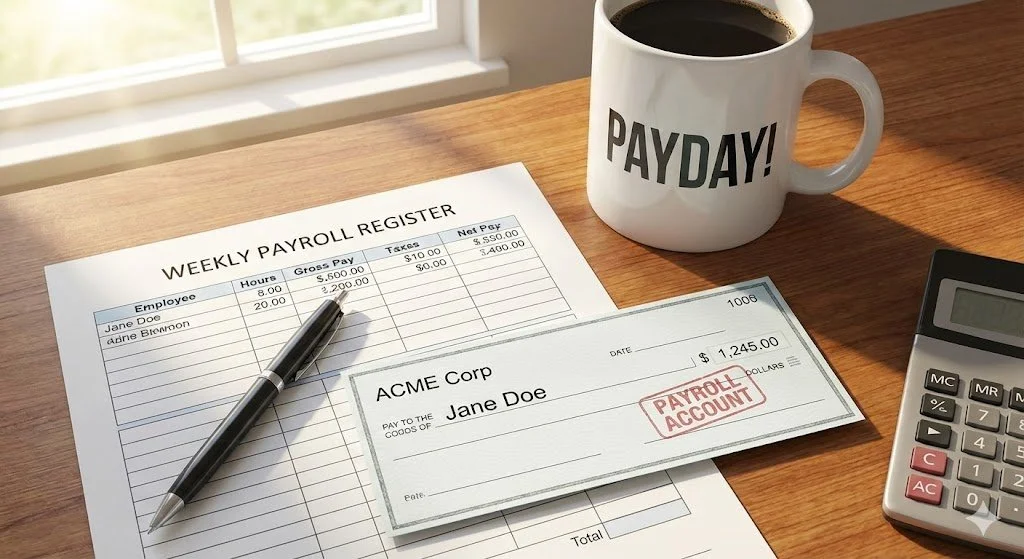 A weekly payroll register, a paycheck for Jane Doe from ACME Corp, a pen, a coffee mug labeled 'PAYDAY!', a calculator, and a window.
