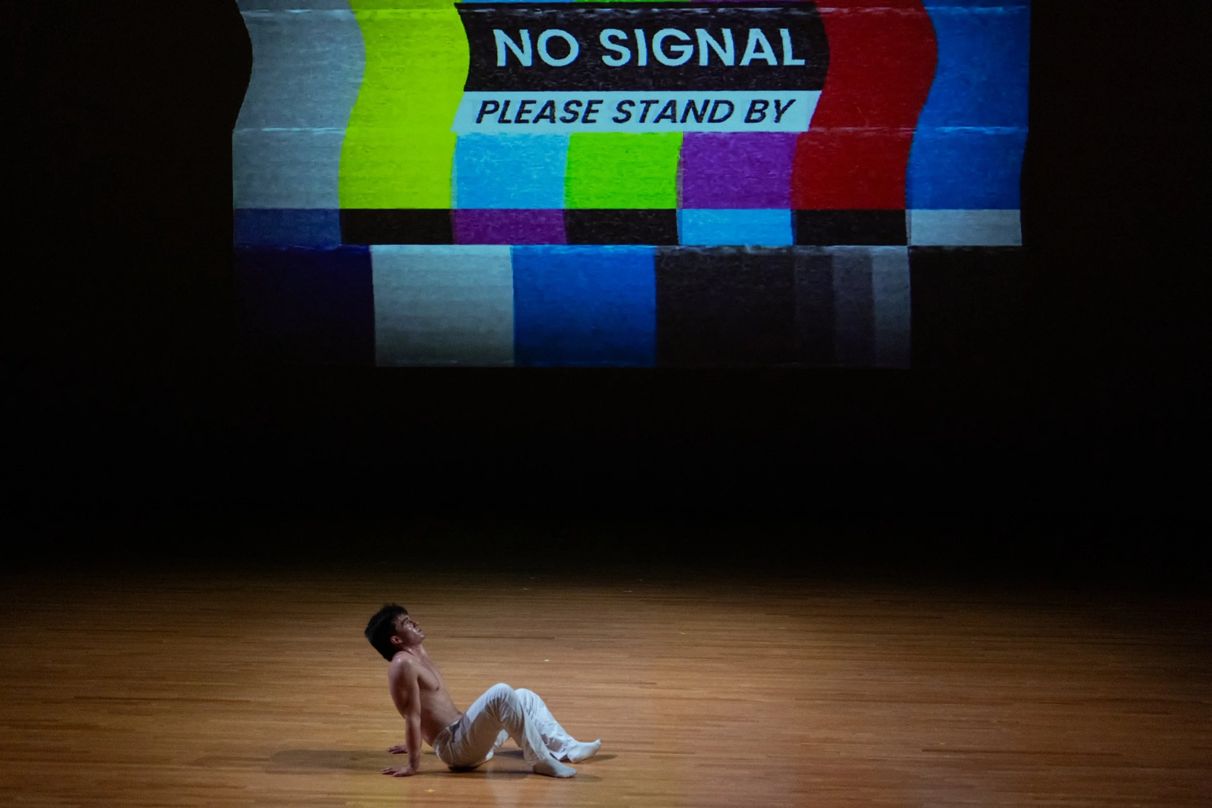 A man sits on a wooden floor in front of a dark background, with a large screen overhead displaying a colorful TV test pattern and the words 'NO SIGNAL' and 'PLEASE STAND BY'.