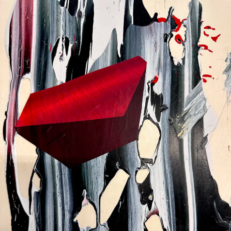 Red Gem 1 I Acrylic, oil collage on wood panel I 16"x12" I 2025