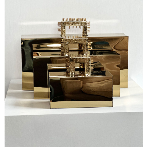Kuch Ishq Kiya, Kuch Kaam Kiya I, II, III I 6"x6"x6" (small size), 9"x6"x6" (medium size), 24"x11"x2" (large size) I Golden Stainless Steel I 2023