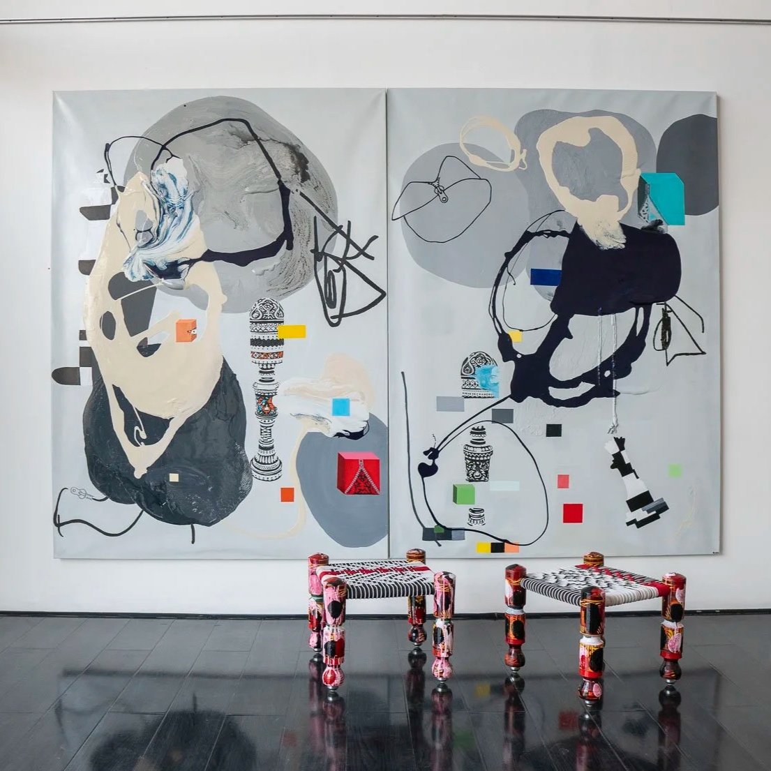 (Above) Power Play and Four-Play I 7'x5' (each) I Oil on Canvas I 2021-22, (Below, Right) Re-inventing Past I 2'x2' (each) I zipper, wood, acrylic, and oil (with wheels) I 2021 
