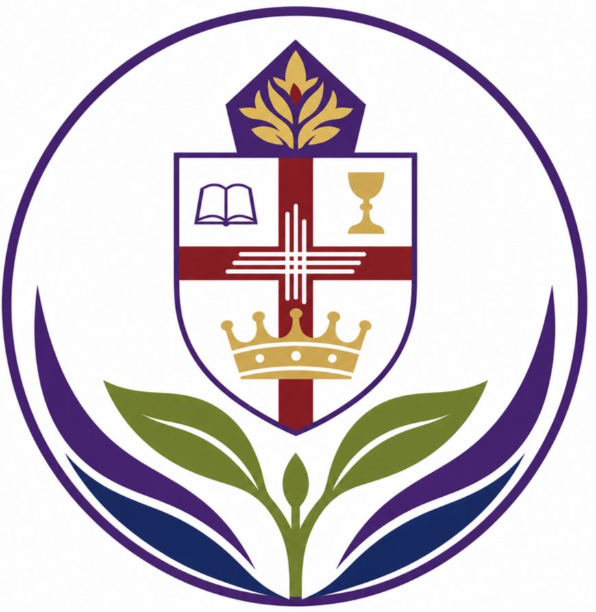 The logo contains the diocesan cross and crown shield with a bishop's hat on top; below it is a pair of unfurling leaves on a new sprouted plant.