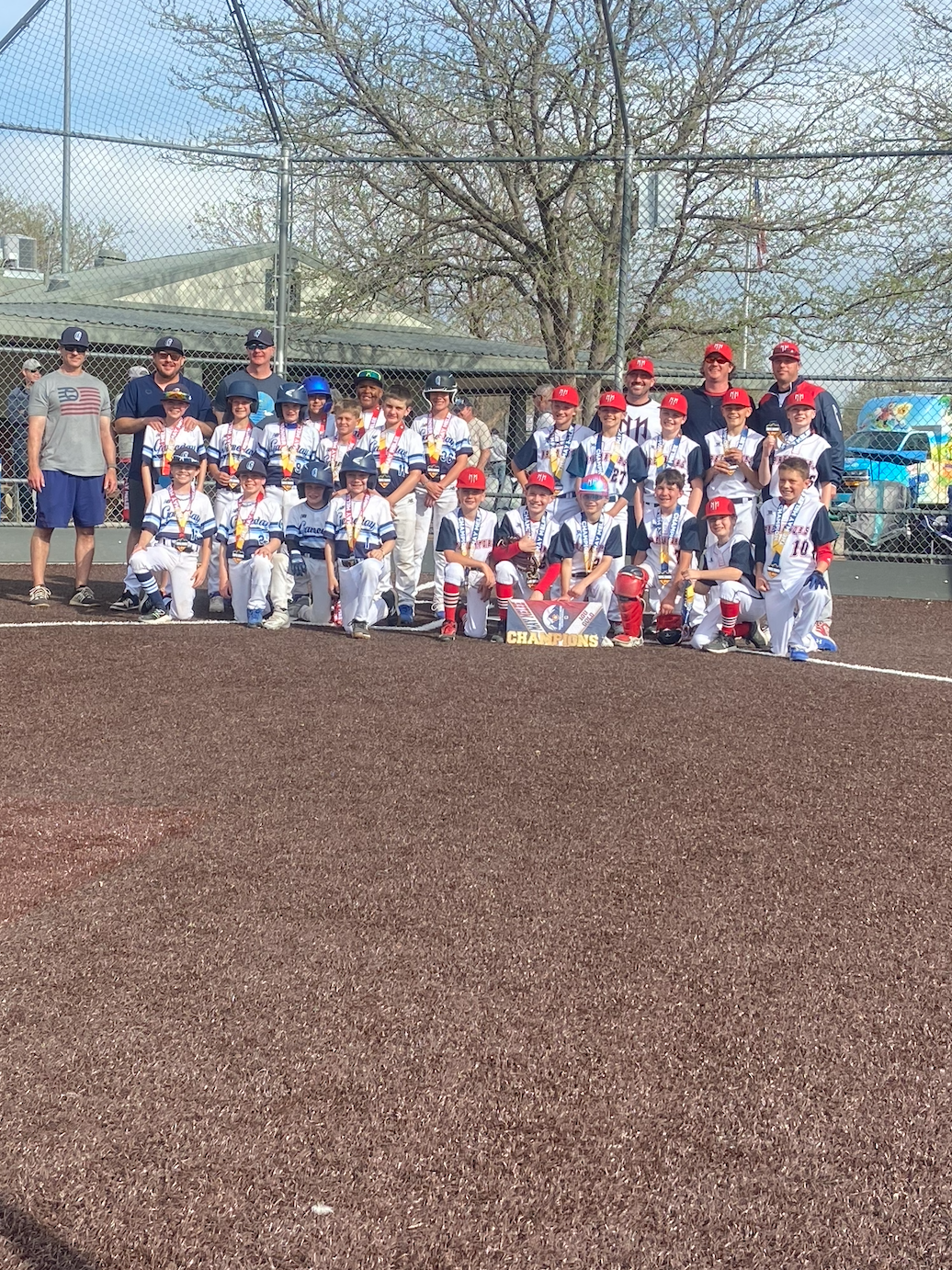 A youth baseball team and coaches posing on a baseball field after winning a championship, holding a "Champions" banner, with smiles, baseball uniforms, hats, and medals.