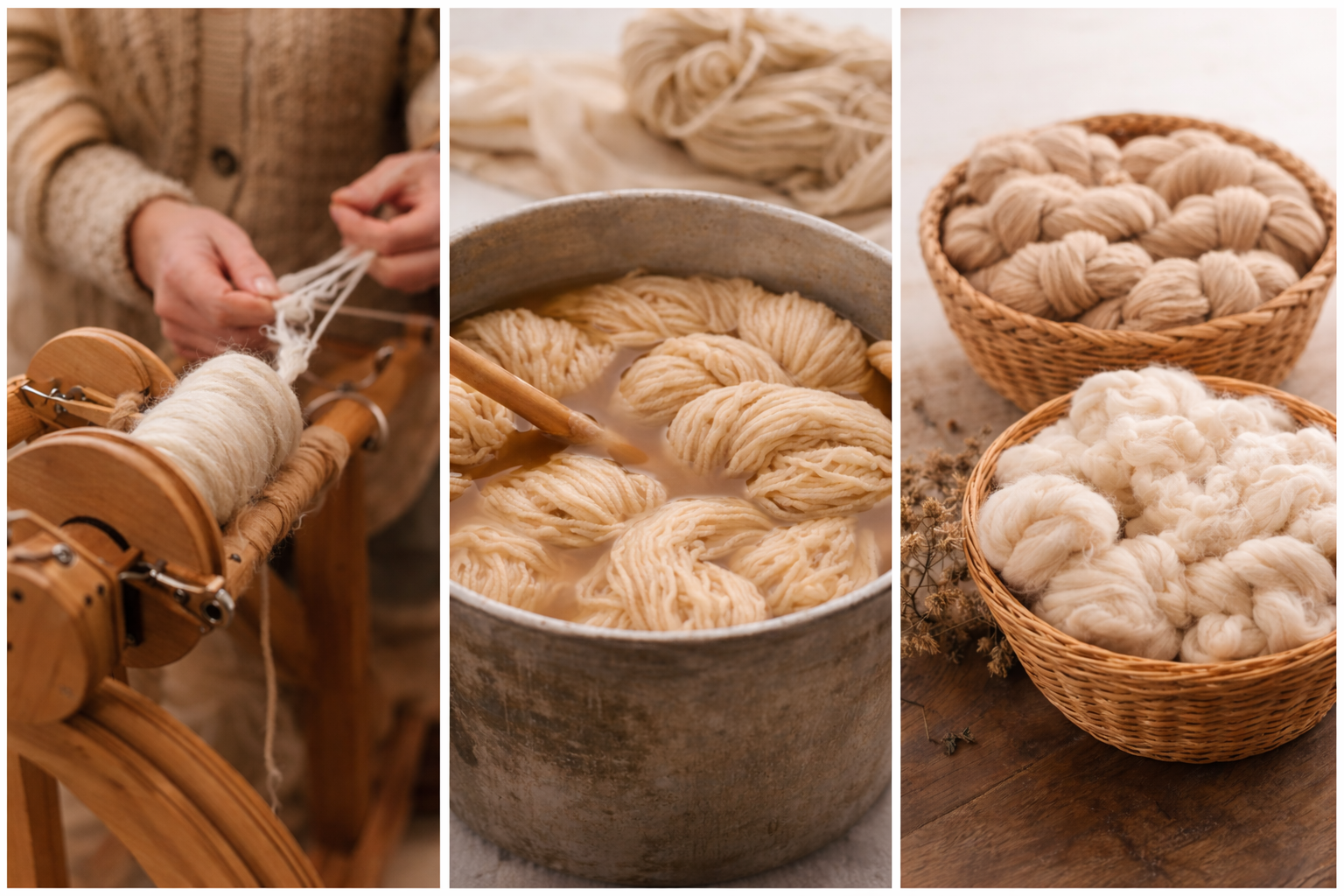 Close-up of spinning yarn on a wooden spinning wheel, dyeing and drying process of soft, natural fiber yarns in bowls and baskets.
