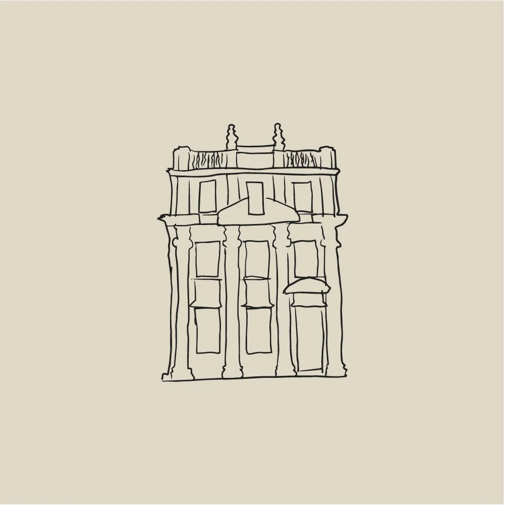 A simple line drawing of a classical multi-story building with columns and a triangular pediment, set against a plain background.