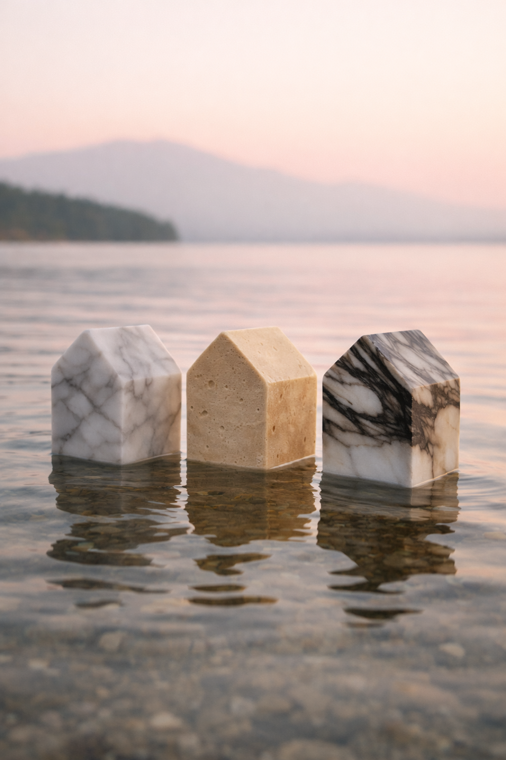Three marble house-shaped objects in water at sunset, with mountains and pink sky in background.