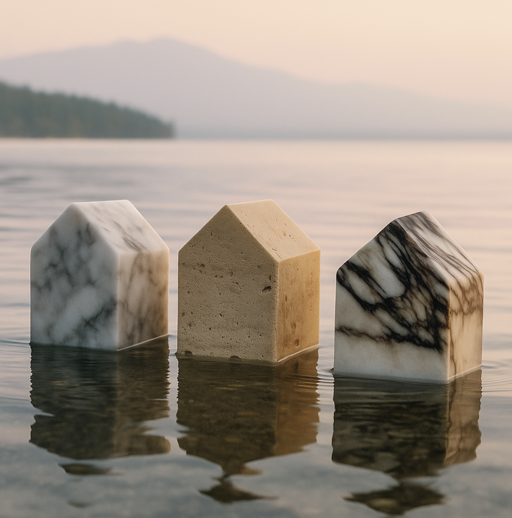 Three marble-like house-shaped objects partially submerged in water with a blurred natural landscape and mountains in the background.