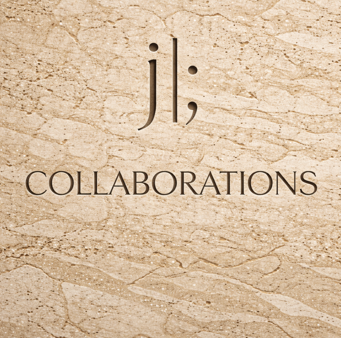 Text on a beige textured background reads 'j,; COLLABORATIONS' with a stylized punctuation mark at the top.