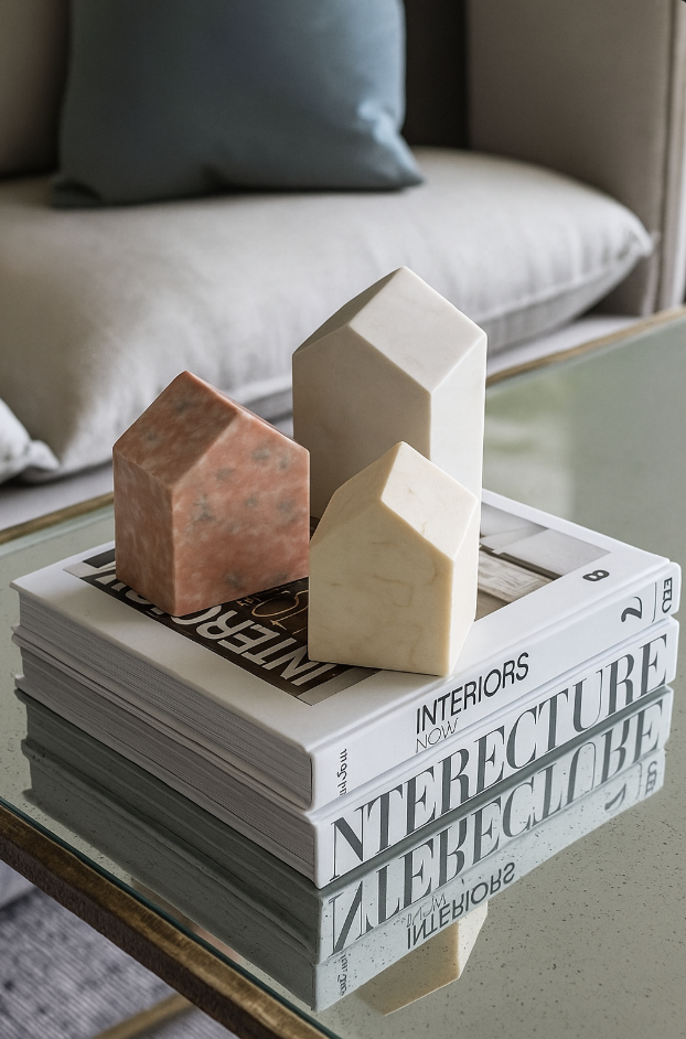 Decorative book with architectural model sculptures on top, set on a glass table in a living room.