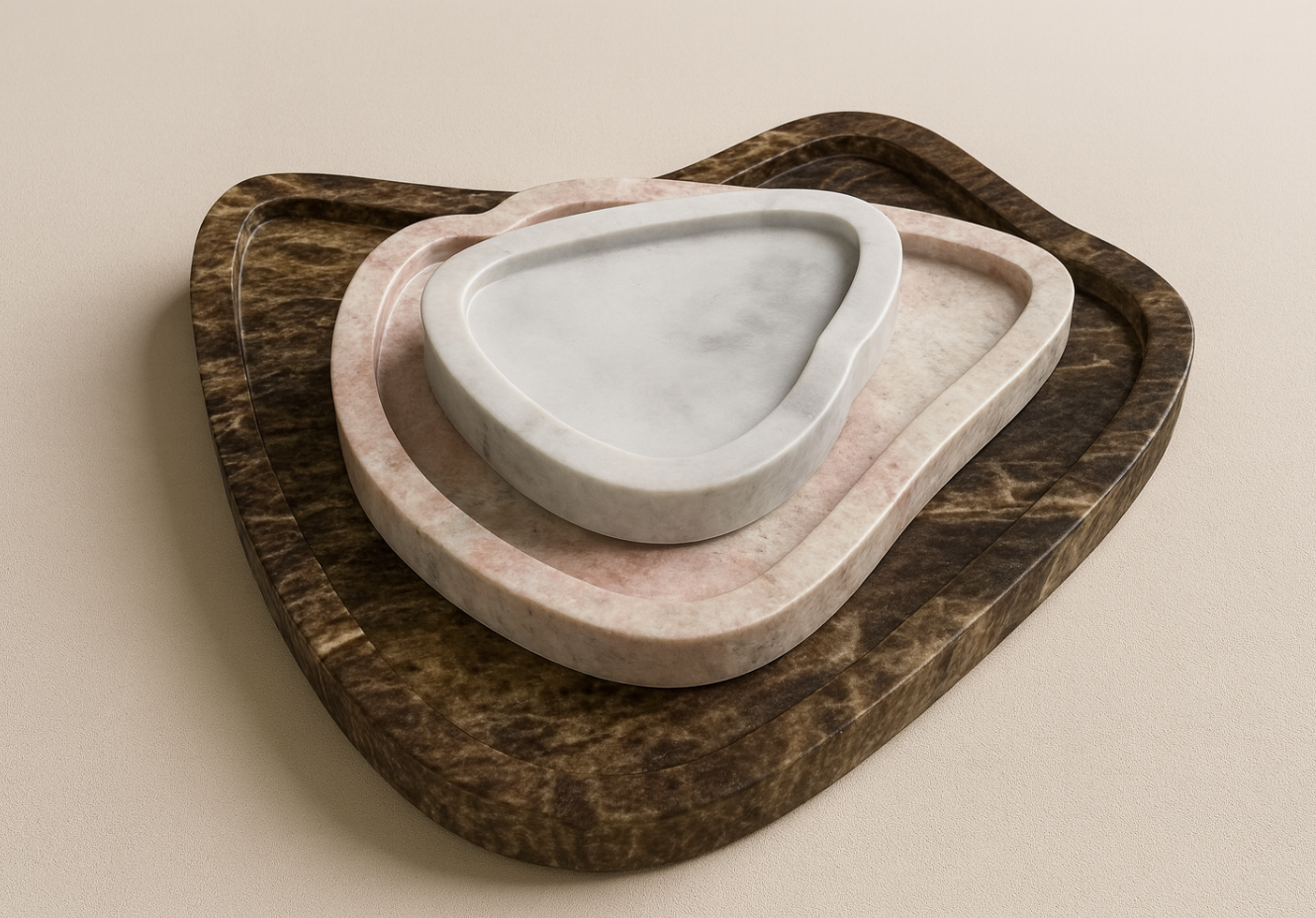 Stacked marble trays in white, pink, and brown on a beige surface.