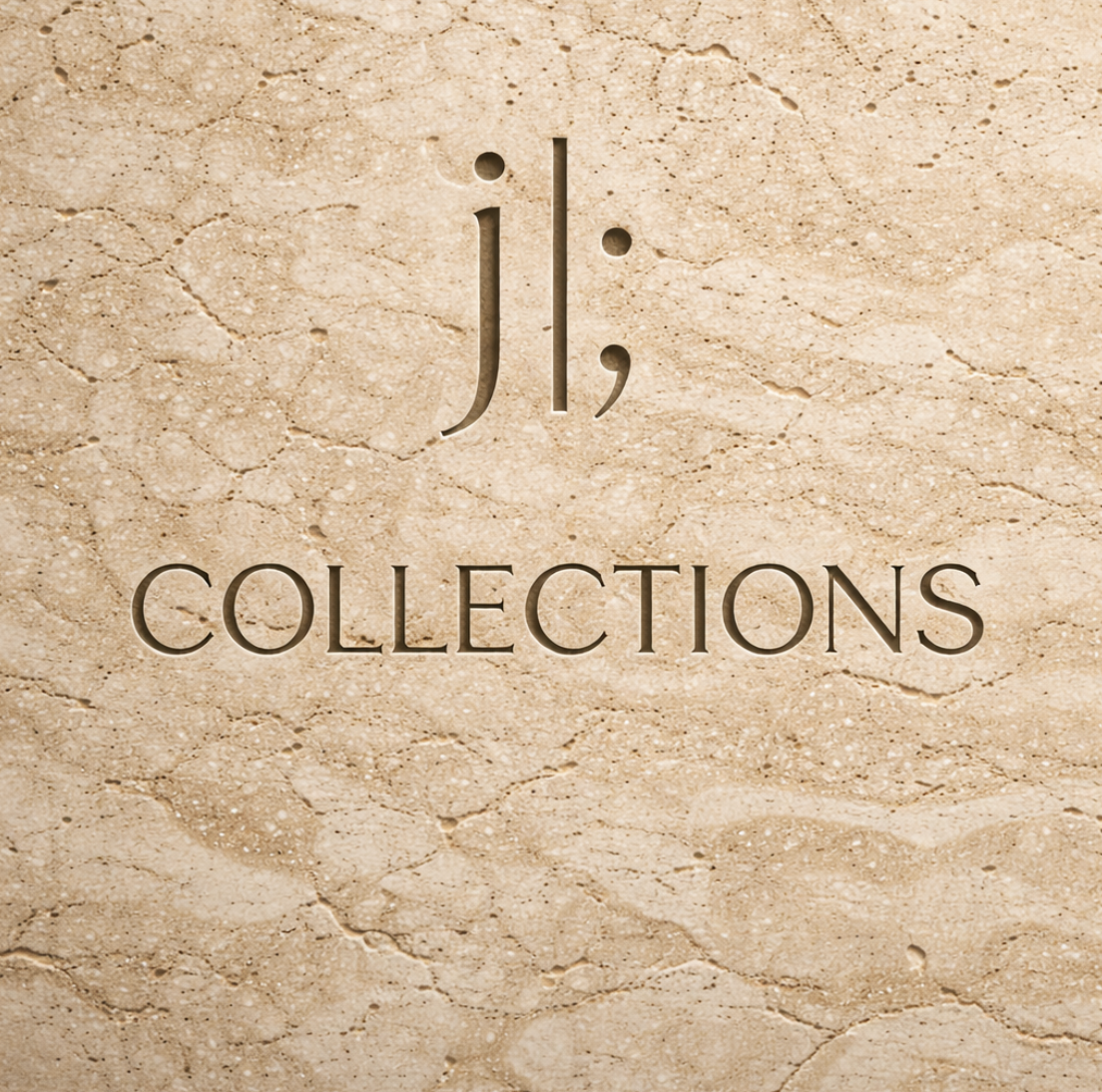 Text that reads 'j; COLLECTIONS' on a textured beige background.