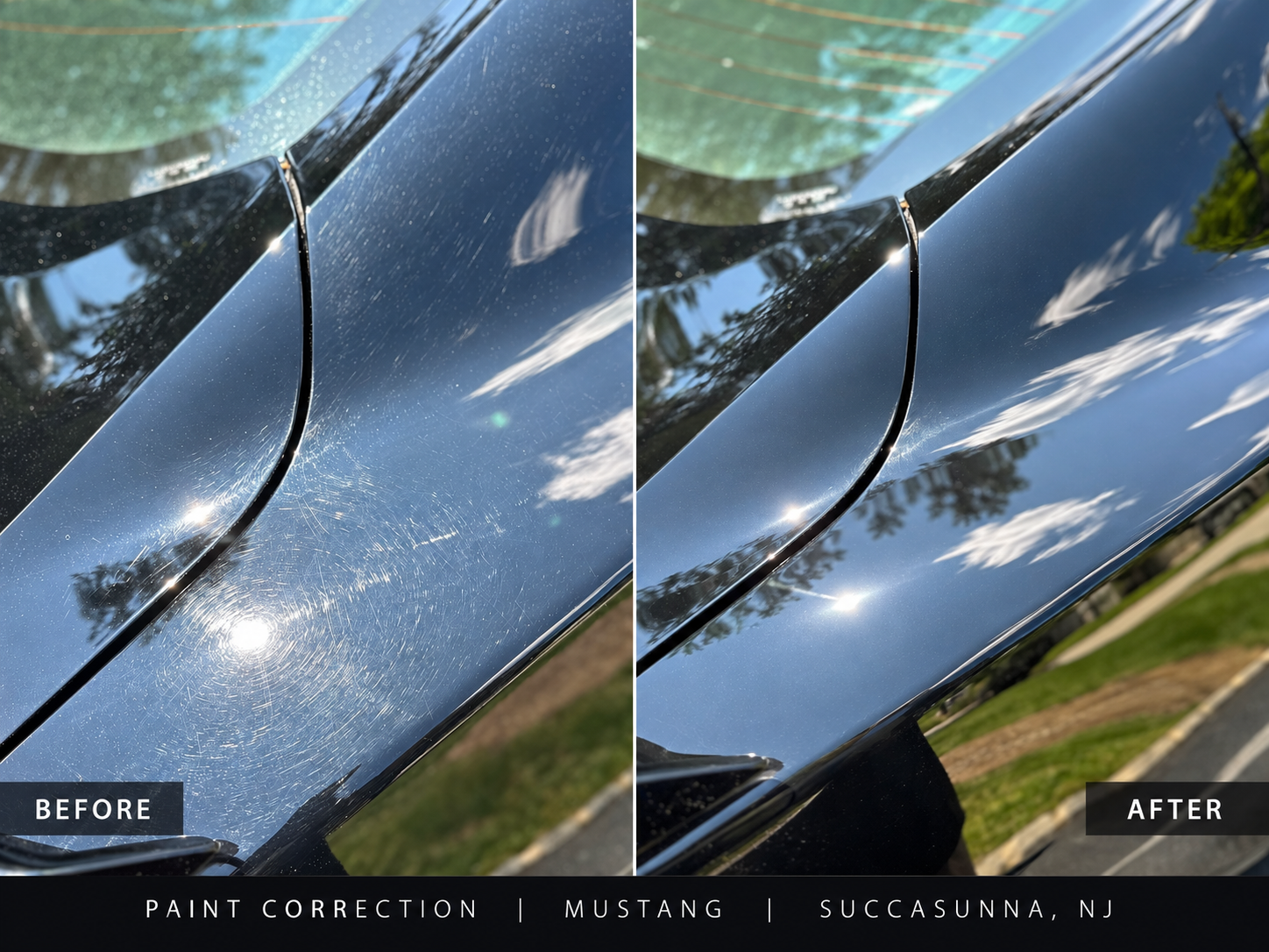 Black Ford Mustang with swirl marks and scratches before paint correction in Succasunna, NJ